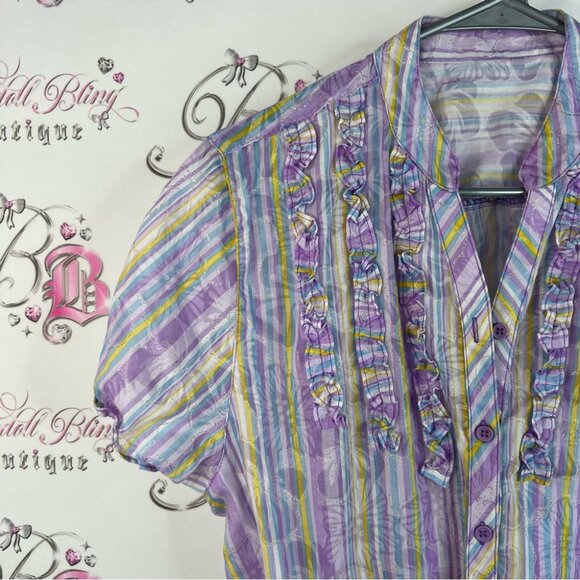 Shirt flowers ruffle details vintage Striped Purple Blouse with Floral Accents - Picture 5 of 10